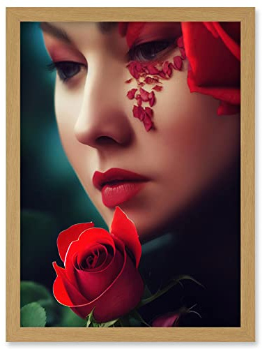 Doppelganger33 LTD Portrait Of Melancholic Woman With Red Roses Painting Artwork Framed Wall Art Print A4