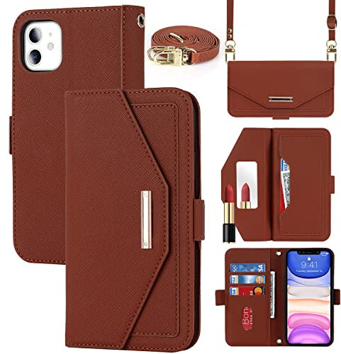 CAVOR Handykette Handyhülle kompatibel mit iPhone 11 Hülle Mit Band,Flip Leder Geldbörse Handyhülle,[Spiegel][5 Kartenfach][Magnetisch],Klapphülle Handytasche zum umhängen - Braun
