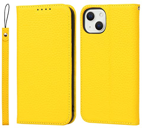 Cavor iPhone 14 Case,Flip Genuine Leather Wallet Case,[4 Card Holders][Magnetic Closure][With Lanyard],Protective Phone Cover Case for iPhone 14 - Yellow