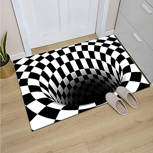 Halloween Area Rug, Schwarz Weiß Plaid Swirl Teppich, Gruselige Clownfalle Vision Teppich Illusion Fußmatte Wohnzimmer Schlafzimmer Bodenmatte, 3D Visuelle Optische Home Mat (E)