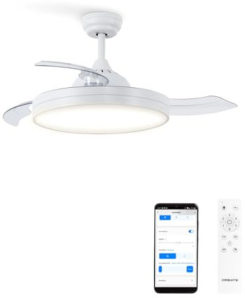 CREATE / WIND CLEAR/Ventilatore da soffitto con luce Wifi e telecomando, bianco / 40W, Ø108 cm, timer, 6 velocità, pale retrattili, 3 temperature di luce, funzione estate-inverno