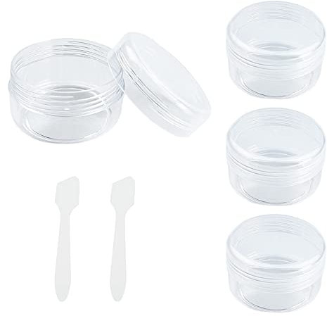 Travel Sample Pots 4Pcs 30ml With Lids and 2 Mini Spatulas - Refillable Cosmetic Containers for Toiletries, Creams, Lotion, Nail Art Glitter Jewelleries, Transparent
