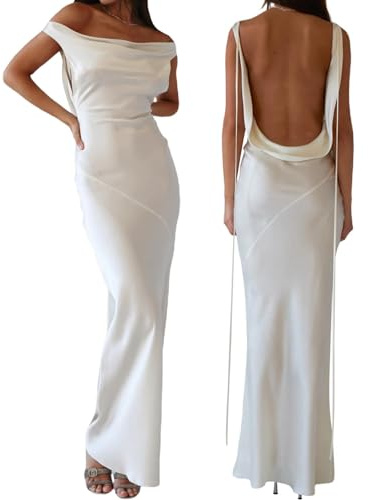 MAHUAOYIXI Damen Maxi-Kleid, Elegant, Rückenfrei, Cocktailkleid, Ärmellos, Slim, Hohe Taille, Abendkleid, Sexy, Weiß, M