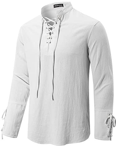 YAOBAOLE Men Linen Shirt Long Sleeve Classic Men Shirt Pirate Hippie Men Shirt Tops White M