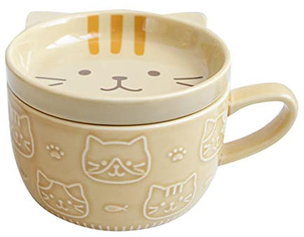 Hopbucan Tazze da caffè in Ceramica Creativa con Coperchio, Gatto, Tazze di Porcellana, Famiglia, Pranzo, Latte, Bevande (Giallo)