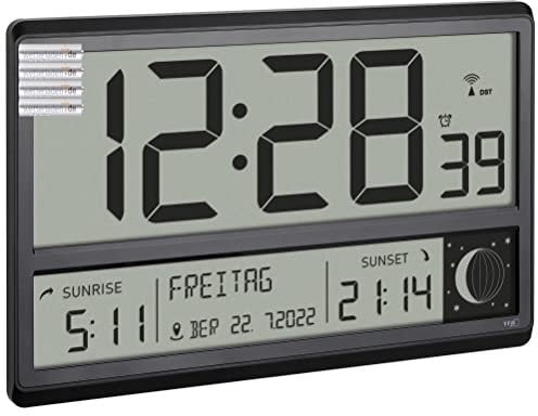 TFA Dostmann Digital XL Radio-Controlled Wall Clock 60.4524.01 with Sunrise and Sunset Alarm Large Numbers Moon Phases Silent Black with Batteries