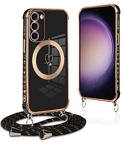 Pnakqil Handykette für Samsung Galaxy S23 Hülle mit Band, Kompatibel mit MagSafe, Handyhülle Ultra Dünn Silikon Magnetisch mit Herz Love Muster Schutzhülle mit Kordel für Samsung S23 6.1 Zoll, Schwarz
