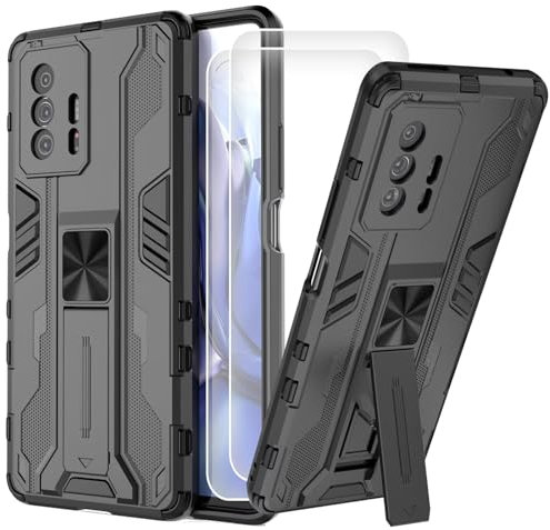 DERHAN für Xiaomi 11T / Xiaomi 11T Pro Hülle mit Schutzfilm [2 Stück], Handyhülle mit Ständer, Panzerhülle mit Halter, Handy Hüllen Handytasche Staubschutzhülle Stoßfest Schutzhülle - Schwarz