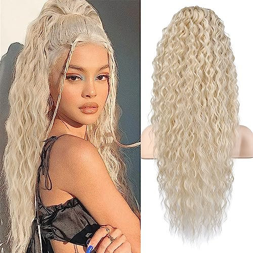 FLUFYMOOZ Ponytail Extension Pferdeschwanz Verlängerung, 66 cm Pferdeschwanz Haarverlängerung im Bohemian-Stil mit Kordelzug für Frauen, langer gelockter gewellter Pferdeschwanz (Kühles Blond)