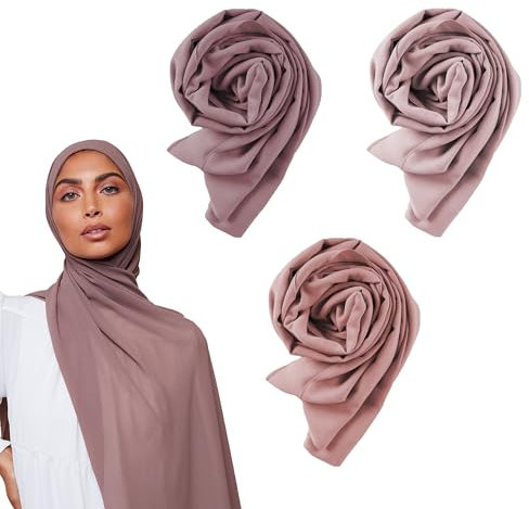 Voile Chic Hijab Écharpe en mousseline de soie antidérapante, Rose taupe, rose poudré, gris terre, 3-Pack