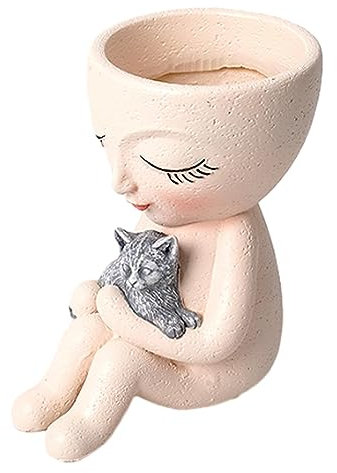 Pot de Fleurs en Forme de Visage pour Fille et Chien, Pot de Fleurs en Forme de Visage avec Tête de Pot de Fleurs pour Plant d'intérieur en Résine Statue de Femme Mignonne pour Décorer, Cadeau