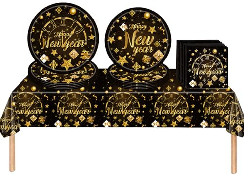 ATBEAMEN 53Pcs Happy New Year Eve Party Tableware Decorations for 2024,Black Gold New Years Eve Tableware Set New Years Table Cloth,7inch 9inch Paper Plates,Napkins, for Dinnerware Party Supplier