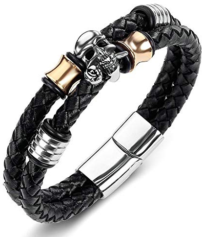 Bishilin Herren Armband Leder Schwarz, Lederarmbänder 165/185/200MM Totenkopf mit Magnetverschluss Edelstahl Charm Armband Männer Personalisiert