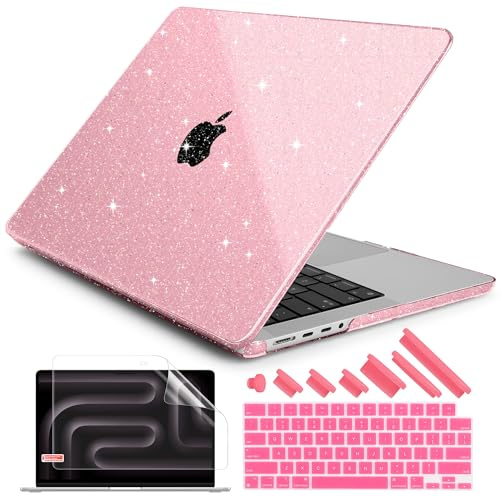 DONGKE Compatible with M4 MacBook Pro 14 inch Case 2024 2023 2021 A3112 A3401 A3185 M3 A2918 A2992 M2 A2779 M1 A2442 Pro Max with Touch ID, Plastic Hard Shell with Keyboard Cover, Bling Glitter Pink
