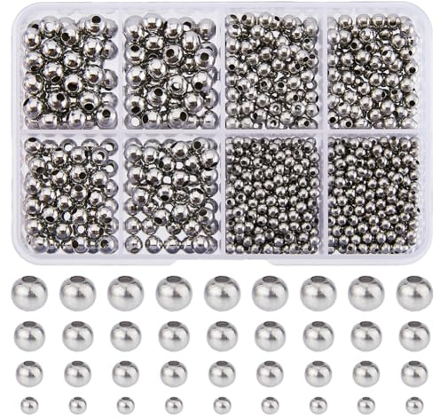 DICOSMETIC 880 Stück Runde Kugelperlen Aus Edelstahl 1/1.5/2/2.4mm Loch Winzige Runde Lose Abstandsperlen Glatte Oberfläche Perlen Für Armbänder DIY Schmuckherstellung