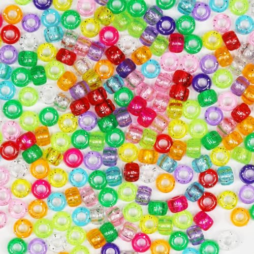 VOOMOLOVE 1000 PCS Glitter Pony Beads for Bracelets, Hair Braids, and Crafts - Plastic Hair Beads 6x9mm