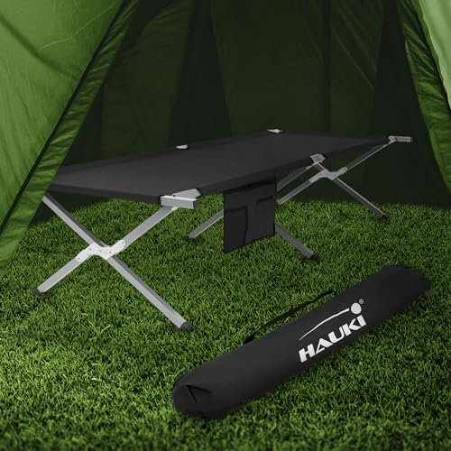 Hauki Lit de Camping Pliable, Noir, 210x83x46 cm XL, Cadre en Métal, avec Sac de Transport et Poche Latérale, Lit d'Invité Portable, Chaise Longue de Jardin, Camping, Randonnée, Charge Max.150 kg