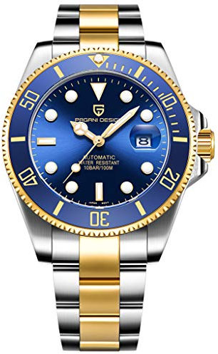 Pagani Design Elegante Herren Automatik Mechanische Uhr 43MM Japan NH35 Automatikwerk Aufziehen Keramik Lünette Edelstahl Wasserdicht Business Sport Armbanduhr Datum, Gold Blau, Armband