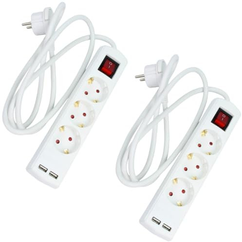 Tayg Pack 2 Regleta Enchufes con USB - Alargador Enchufe 1,4 Metros, Potencia 250V, 16A, 3.680W, Colgador Regleta Enchufes Pared, Proteccion Sobretension, Ladron Enchufes con Interruptor 3 Tomas