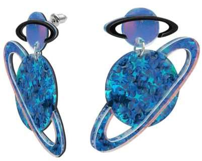 Soul-Cats Kosmische Ohrringe Saturn mit Glitzersternchen blau transparent Partyschmuck