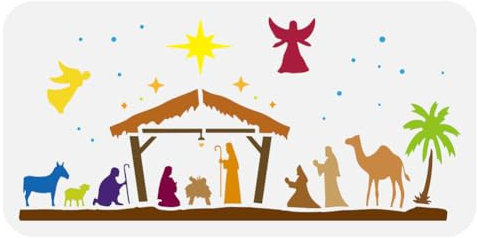 FINGERINSPIRE Zeichenschablone Geburt Jesu 30x15cm Weihnachtskrippe Weihnachtsstall Nonne Papst König Engel Hirte Lamm Kamel Schneesterne Weihnachtstag Vorlage Zum Malen An Die Wand