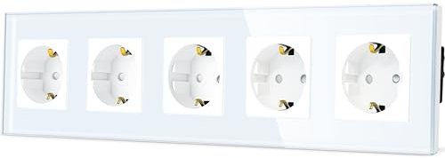 TAWOIA Schuko Steckdose,EU-Standard 5 Fach Steckdose Glas Unterputz Steckdose,Steckdosen mit Kristall Glas Platte 5er steckdose Wandsteckdosen Weiß 86 * 370mm