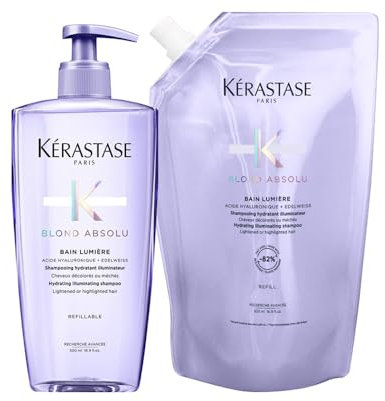KÉRASTASE Blond Absolu Bain Lumiere 500ml + Refill 500ml - Blondpflege, Aufhellend, Haarpflegeprodukt, Blond Hair Shampoo and Conditioner
