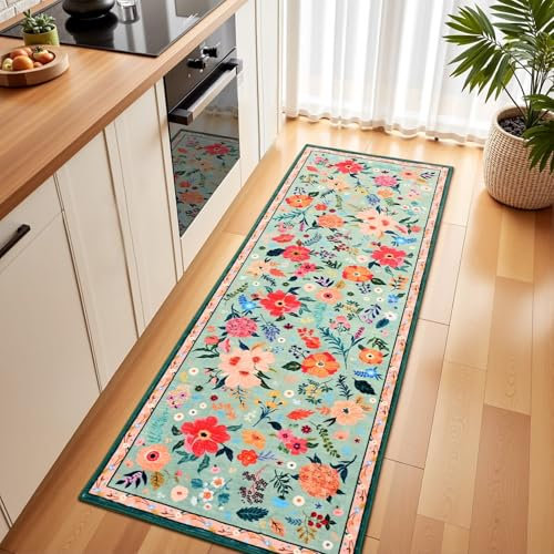 Macgace 2x6 Floral Runner Rug, Flowers Printed Washable Rugs with Non Slip Backing for Girls Bedroom Kitchen Hallway, Cute Carpet Runners Home Aesthetic Decor, Light Green