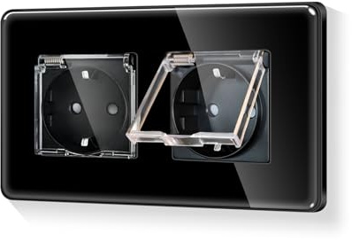 LIAONFOY Runde Schuko Doppel Steckdose mit Deckel Unterputz 2 Fach Wandsteckdose Schwarz Farbe mit Glasrahmen 16Amp 110-250V 157mm