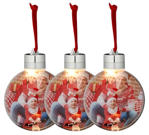 3 x LED Christbaumkugeln DIY zum Hängen für Ihre persönlichen Fotos Ø 8-10 cm - Fotokugeln für eigene Fotos - Baumkugeln für Fotos mit LED Beleuchtung - Beleuchtete Baumkugeln für eigene Fotos