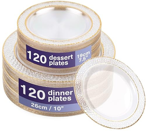 MATANA 240 Premium Hard Plastic Plates with Hammered Gold Rim - 120 x 26cm, 120 x 19cm - Reusable Gold Party Plates for Weddings, Birthdays, Christmas, Parties