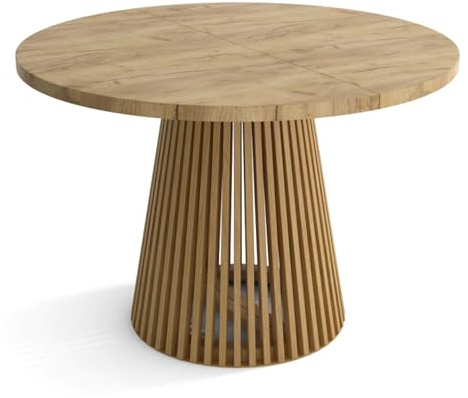 SeproMeble Runder Esszimmertisch DUSTO, ausziehbarer Tisch Durchmesser:120 cm bis 220 cm, Wohnzimmertisch Farbe: Craft, mit Holzbeinen in Farbe Braun