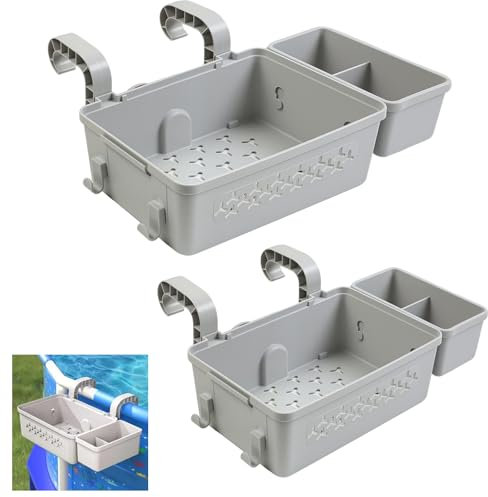 Gemsaya 2 Stück Pool Aufbewahrungskorb, Hängender Pool Seitenkorb mit Getränkehalter, Multifunktionaler Oberirdischer Poolkorb Zubehör für Poolspielzeug und Handtücher Getränke, Grau