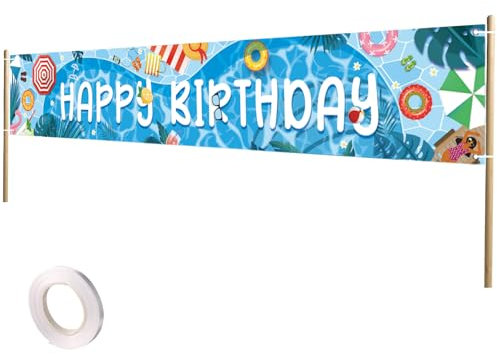 Banner de Fiesta en la Piscina con Texto Happy Birthday, 300 x 50 cm Decoraciones de Verano para Cumpleaños en la Piscina con Cuerda Suministros para Accesorios de Fotografía