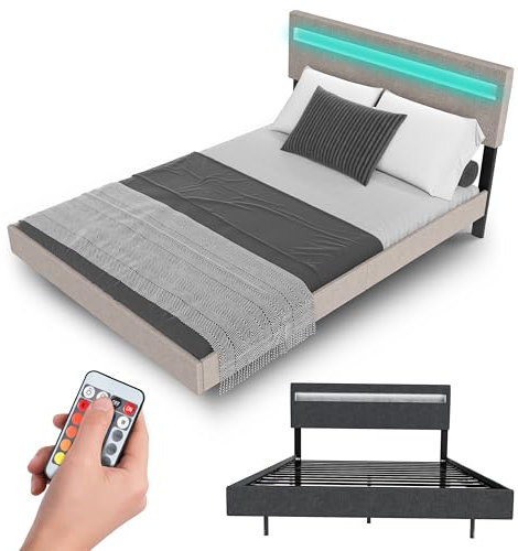 Juskys Schwebebett Lissabon 140x200 cm beige - Polsterbett mit LED, Lattenrost und Kopfstütze - Modernes Bett mit Holz Bettgestell und Leinen