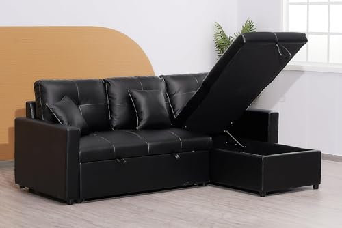 Classic L-Shaped 3 Seater Pull out Leather Corner Sofa Bed with Storage And Cupholder, Convertible Sofa Bed Settee Sectional Sofa for Living Room (Black)