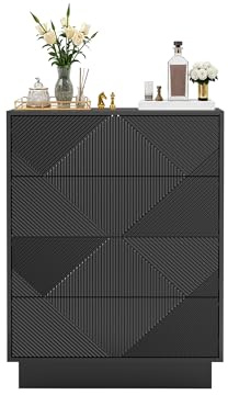UEV Kommode mit 4 Schubladen, Kommodenschrank Sideboard schmal (Schwarz) | Sideboard Schubladenschrank Push to Open, Mehrzweckschrank für Wohnzimmer Schlafzimmer Flur Büro 60x33,5x77,5cm