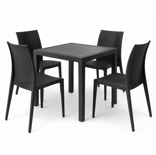 PALUPLUS Set Tavolo Quadrato con 4 Sedie Rattan in Plastica color Antracite, Misura Tavolino 79x79x72 cm, Sedia SENZA Braccioli, Arredo per Esterno, Terrazzo -KIN024F/MAD603F-23,5