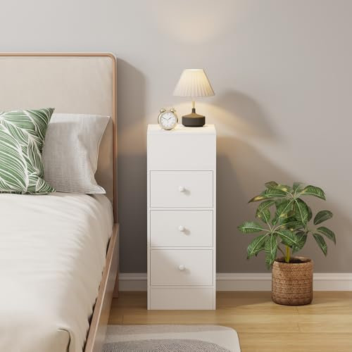 Pantanal Slim Bedroom Nightstand Bedside Table Cabinet with Drawers Storage Shelf, Narrow Living Room Sofa Side Table for Small Corner Space (3 drawers white)