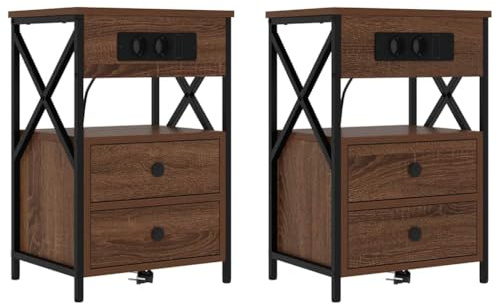 vidaXL Modern Rectangular Bedside Table in Brown Elm Wood with Engineered Wood Charging Station. Dimensions: 40 x 31 x 60 cm. This set of 2 bedside tables is chic, with a cad