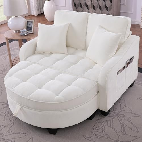 Ligterra Sofa mit Schlaffunktion, Sofa Klein, Chaiselongue, 2-in-1 Schlafsofa, Aufbewahrungs-Hocker & 4 Kisse, für Kleine Wohnzimmer, Studienzimmer, Schlafzimmer, 132×129×93cm (Beige)