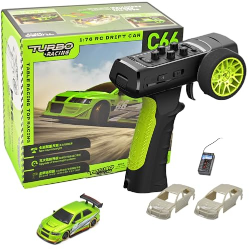 FLYCOLOR Turbo Racing - Auto Drift RC in scala 1:76 con Gyro Mini Full Proportional RTR 2,4 GHz telecomando con 2 scocche intercambiabili (C66-verde)