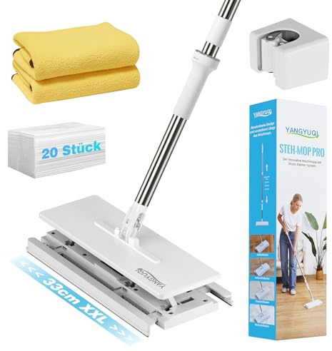 Wischmopp mit Druck-Klemm-System, Bodenwischer mit Automatischer Tuchklemme, Zero Touch Ein-Knopf-Wechsel Wischmopp mit 1 Mop-Halter und 2 Mikrofaser Bodentücher und 20 Staubtücher (Verbesserte, 33cm)