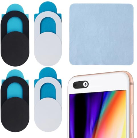 AEUXZA Lot de 8 caches caméra (4 noirs + 4 blancs) + 1 chiffon bleu ciel, Cache Webcam Ultra Fin, Protection de la Vie Privée pour Ordinateur Portable, Téléphone, PC, Tablette