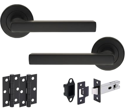 Hunta HANDLEZONE® Torro Matt Black Internal Door Handle Pack - Lever on Rose Set - 76mm Tubular Latch (57mm Backset) & 2 Ball Bearing Hinges - Passage for Internal Wooden Doors - 1 Pack