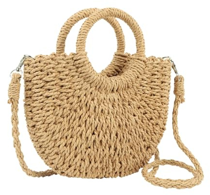 Women's Straw Bag, Summer Rattan Tote Bag Straw Crossbody Bags, Woven Handbag Boho Style Clutch Purse with Detachable Strap for Beach Vacation Travel Shopping