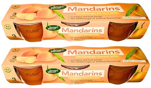 Seasons Harvest Mandarins in Orange Flavour Jelly 6 Pots – 2 x 3 Pack (90g Each) – Ready to Eat Fruit Dessert – Includes Gifty Goodness Shopping List