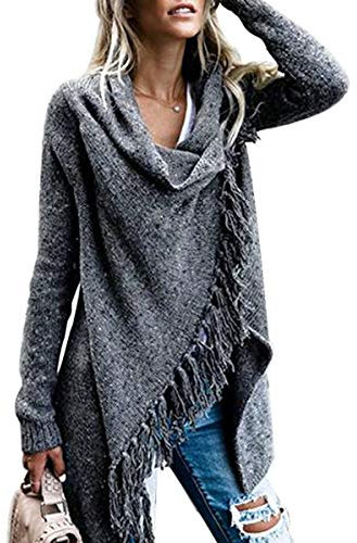 CEASIKERY Damen-Poncho mit Fransen, Pullover, Lange Strickjacke, Strickpullover, Mantel,Dunkelgrau,XXL