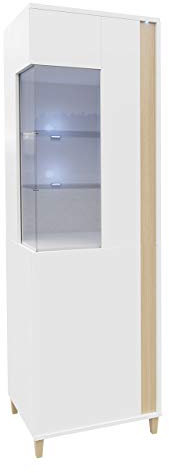 Standvitrine Marokko 50/200 MR09 inkl. LED Beleuchtung, Vitrinenschrank, Stauraumvitrine, Glasvitrine, Hochschrank, Wohnzimmer, Highboard, Schrank (Weiß/Weiß Hochglanz + natürliches Furnier, Rechts)