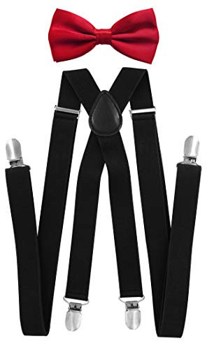 axy Herren Hosenträger mit Fliege - 4 Starken Clips X-Form (Schwarz (Hosenträger Breit 2,5cm)+Rote Fliege)